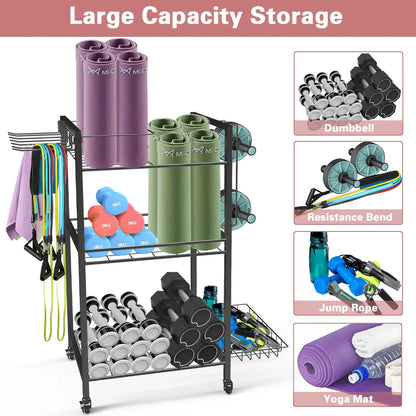 Yoga Mat Storage, Gym Equipment Storage, Cart for Organizing Workout Room, Home Gym Storage with Hooks and Wheels